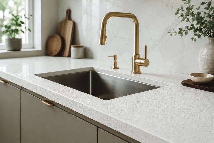 Kitchen surface produced with Quarta glass aggregate